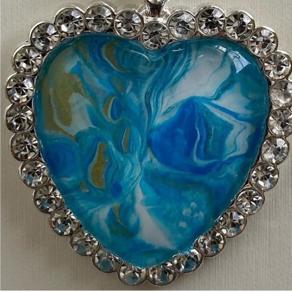 Handmade Blue Fluid Art Heart Pendant Necklace Silver Tone Rhinestone Frame - Picture 6 of 10